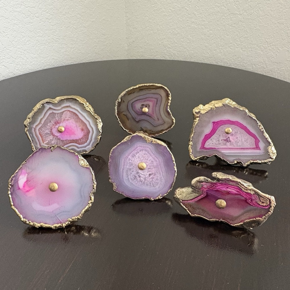 Anthropologie Gold-Framed Agate Knobs | PinkPurple/Brown | 6 Agate Drawer Pulls